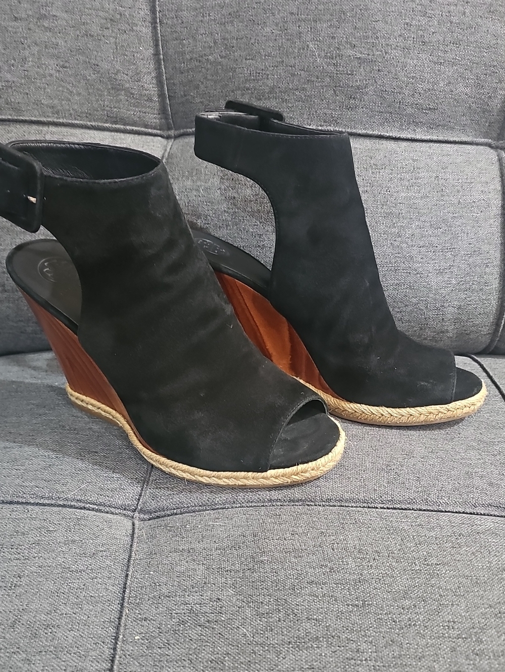Tory Burch Raya Black Suede Peep-Toe Wedge Sandals with Rope Trim